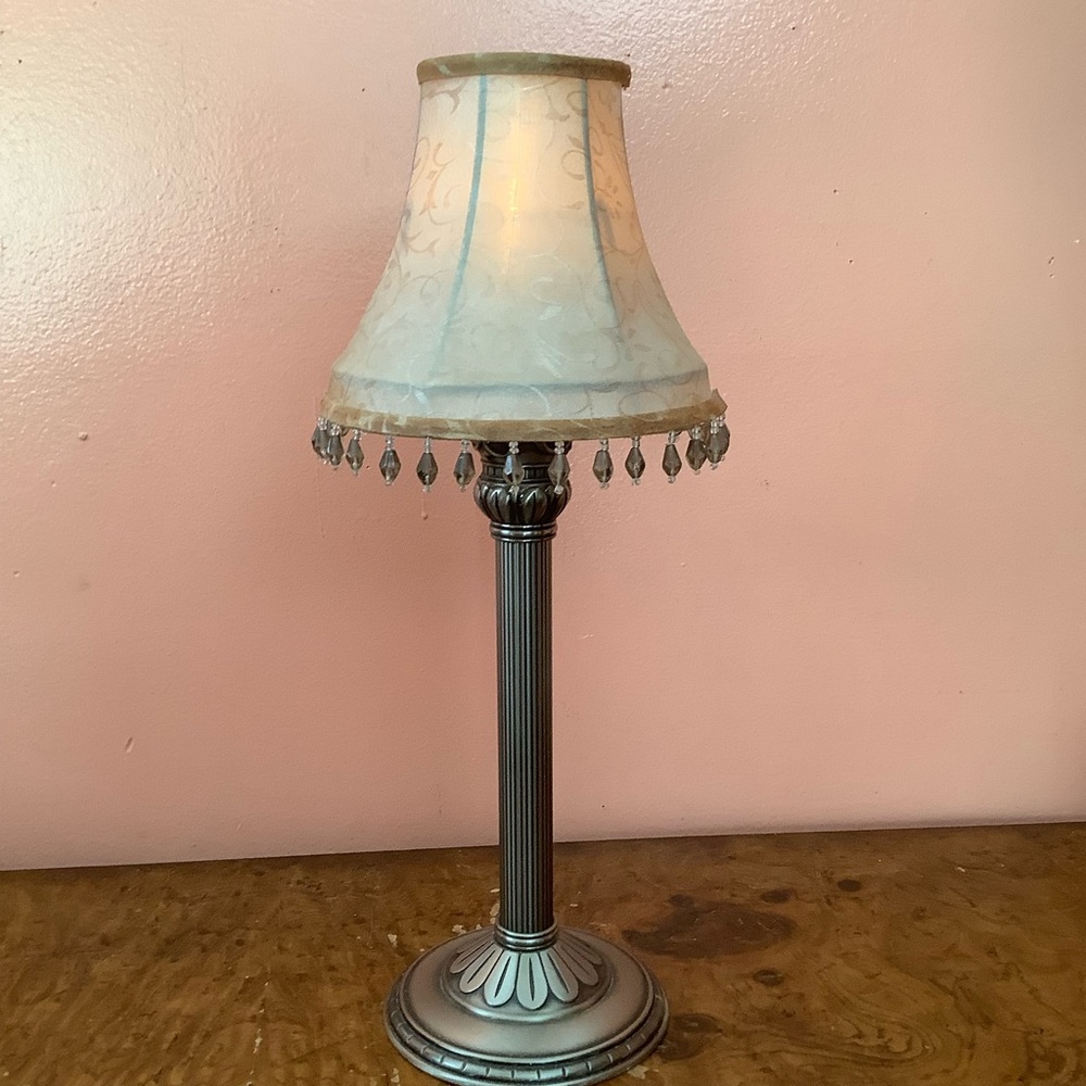 PartyLite Satin Silver Taper Candle Holder  Beaded Trim Shade 15.5” Candle Lamp